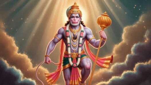 Bhakti Dhaara: Exploring Hindu Dharma's essence हनुमान जी एक दिव्य मुद्रा में खड़े, शक्ति और भक्ति की आभा के साथ