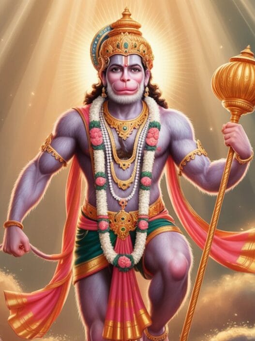 Bhakti Dhaara: Exploring Hindu Dharma's essence हनुमान जी एक दिव्य मुद्रा में खड़े, शक्ति और भक्ति की आभा के साथ