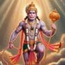 हनुमान जी एक दिव्य मुद्रा में खड़े, शक्ति और भक्ति की आभा के साथ